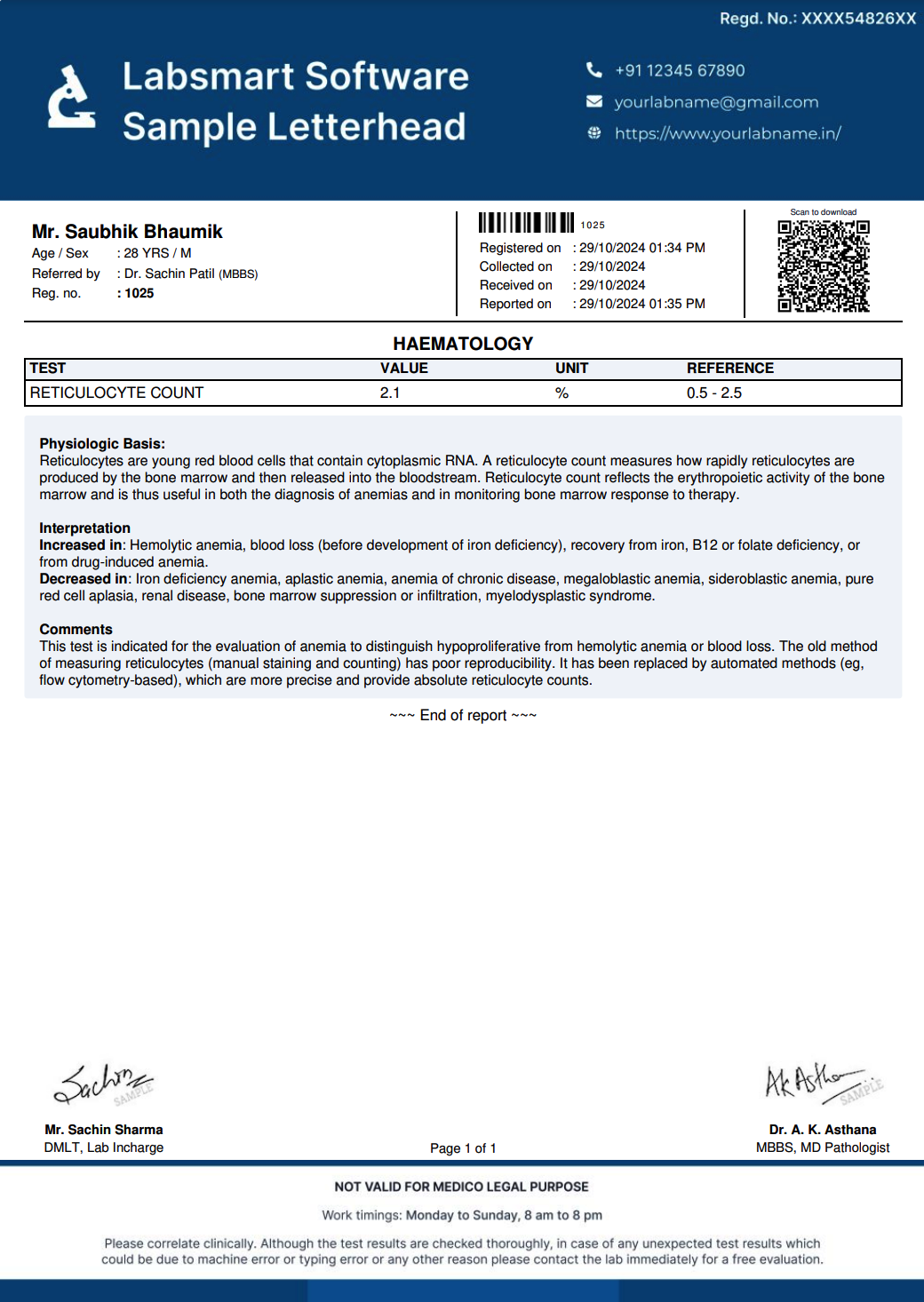 Reticulocyte Count Report Format